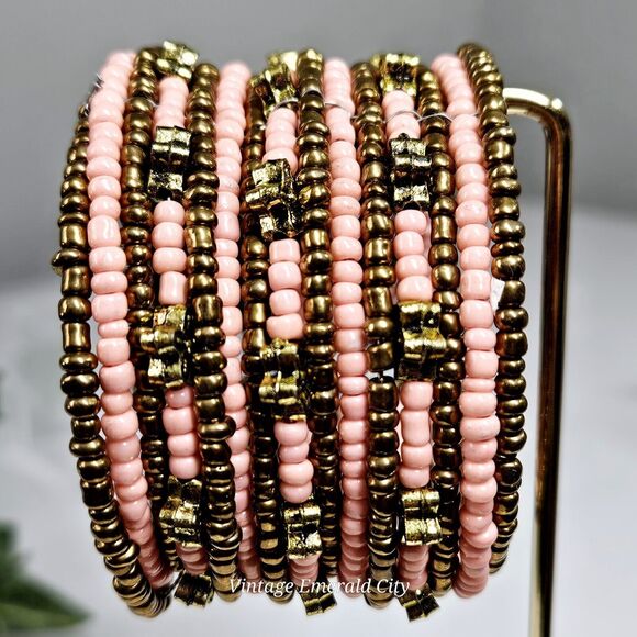 Golden Flowers & Coral Seeds Beaded Bracelet Spiral Coil Wire Retro Wrap Cuff - Picture 11 of 12